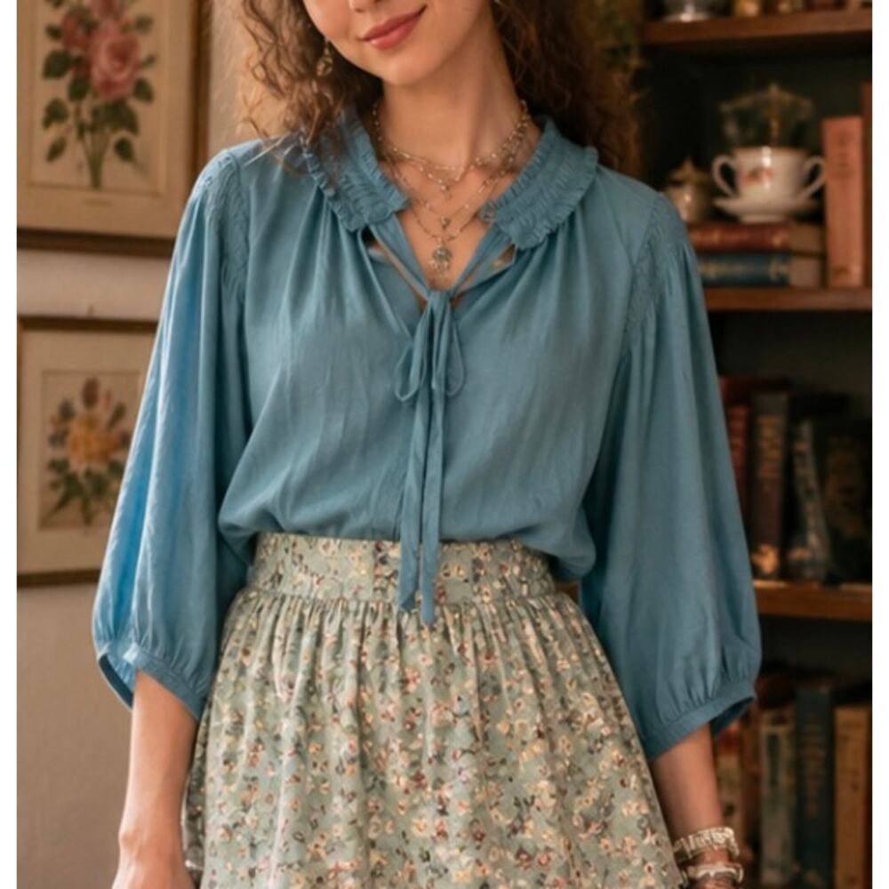 Joie Ruffle Tie Neck satin Peasant blue Blouse academia twee preppy artsy S